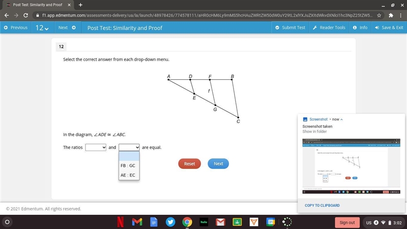 Select the correct answer from each drop-down menu. In the diagram, ∠ADE ≅ ∠ABC. The-example-2