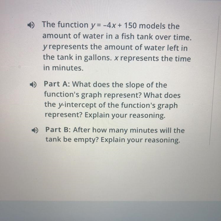 The function y=-4x + 150 models the amount of water in a fish tank over time. y represents-example-1