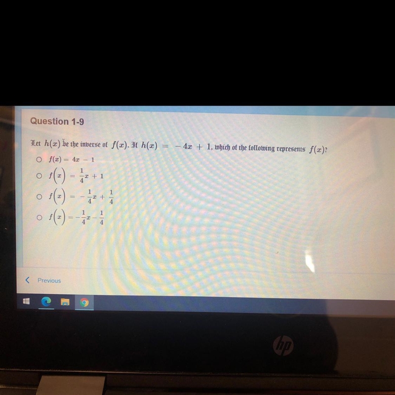 Let (h) be the interse of f (x)= 4x+ 1, which of the following representes f (x)?-example-1