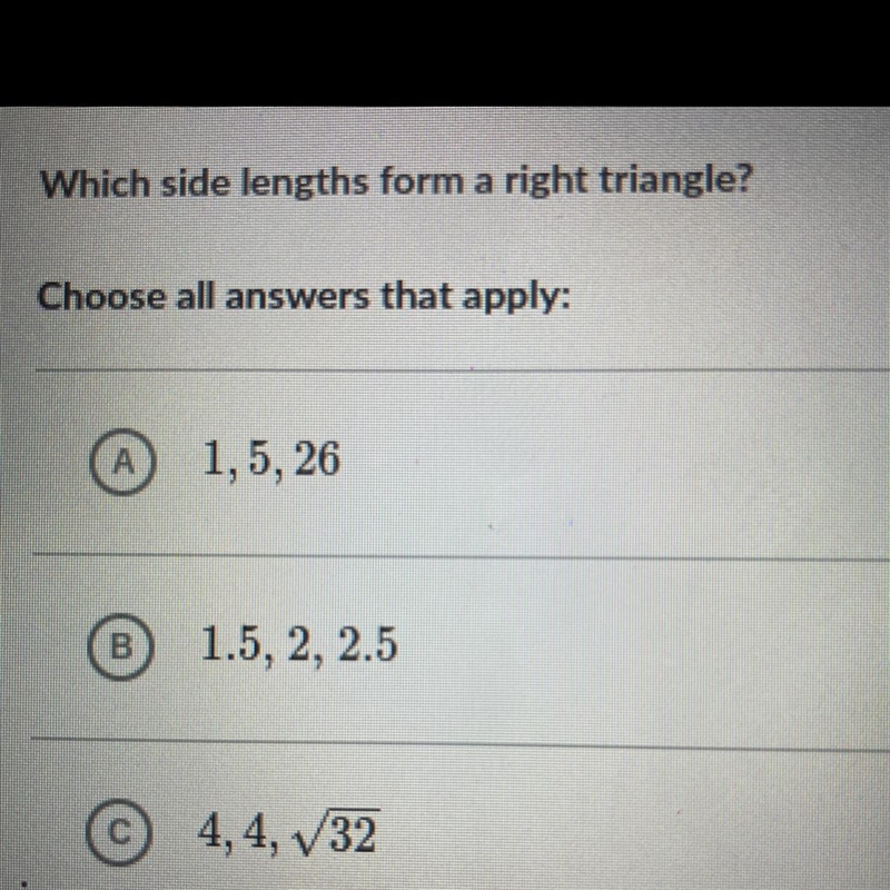 Which side lengths form a right triangle?-example-1