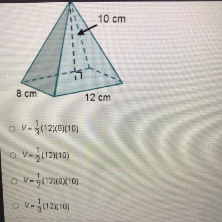 HELPPP PLEASE!!!!!! Which shows how to determine the volume of the pyramid?-example-1