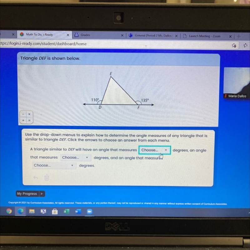 Triangle DEF is shown below. E 110° 135° D F X + Use the drop-down menus to explain-example-1