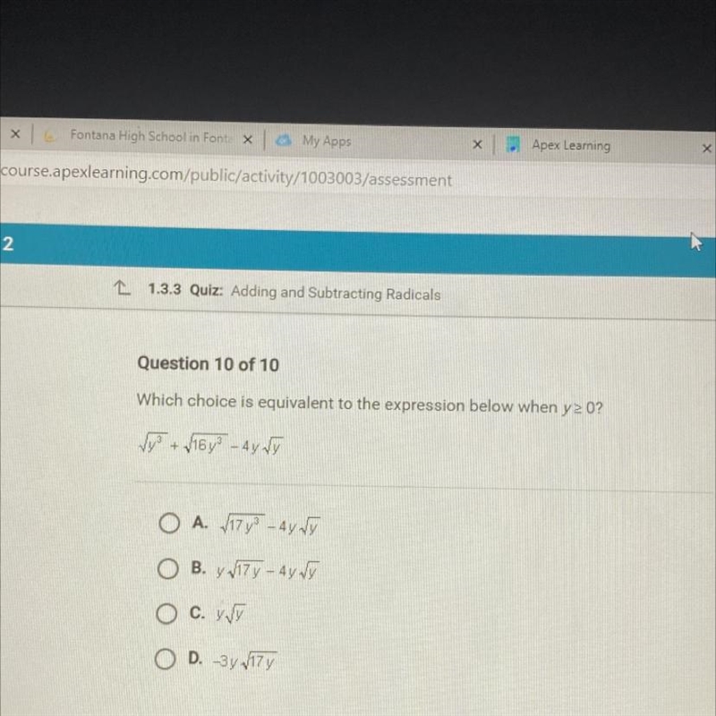 Which choice is equivalent to the expression below when y2 0? √y^2 + √16y^3 – 4y√y-example-1