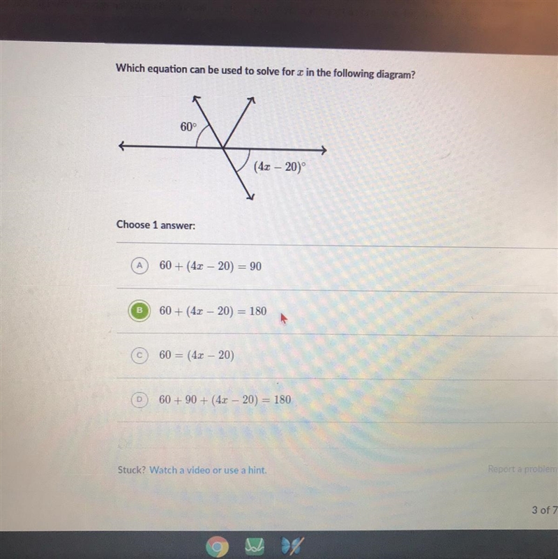 Which equation can be used to solve for r in the following diagram? 60° V (4x – 20)-example-1