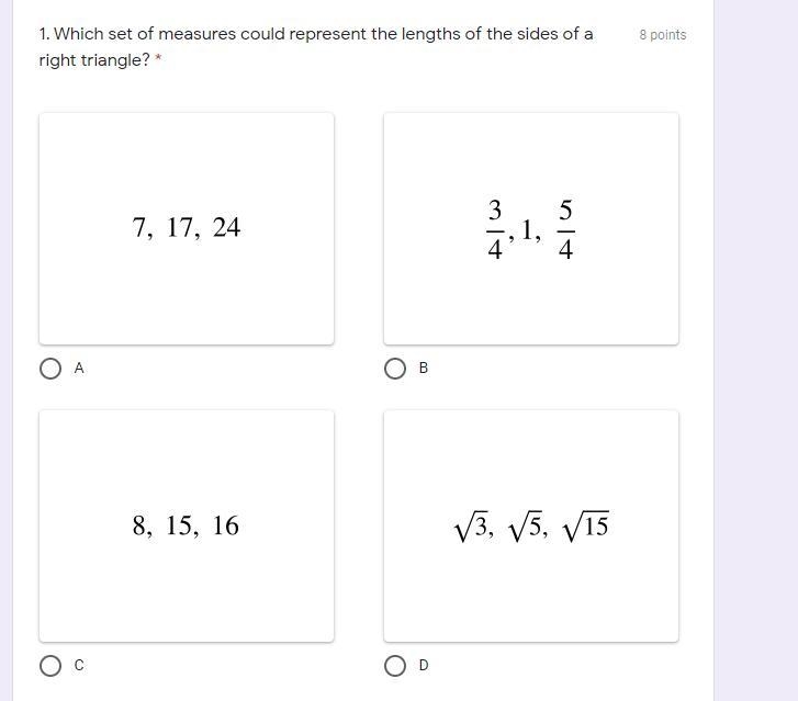 Which set of measures could represent the lengths of the sides of a right triangle-example-1