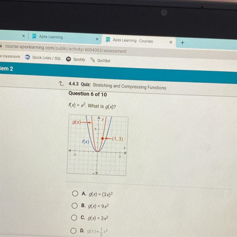 F(x) = x? What is g(x)? g(x); 5- (1,3) (x A. g(x) = (3x)2 B. g(x) = 9x2 C. g(x) = 3x-example-1