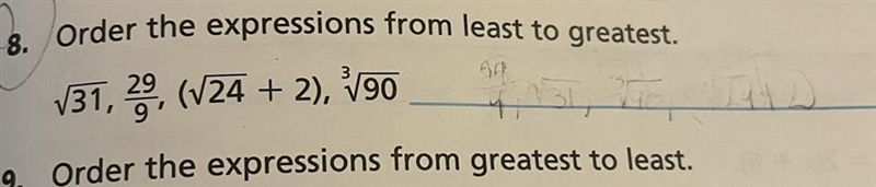 8. Order the expressions from least to greatest. V31,0, (V24 + 2), V90-example-1