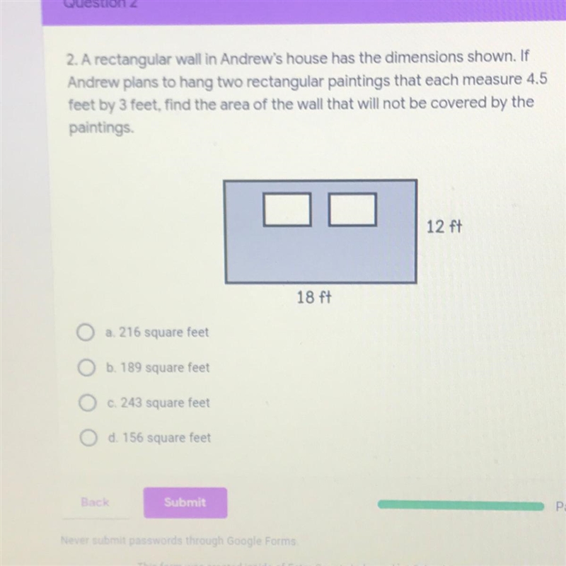 A rectangular wall in Andrew's house has the dimensions shown. If Andrew plans to-example-1