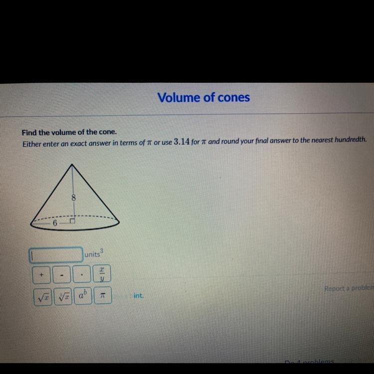 Find the volume of the cone-example-1