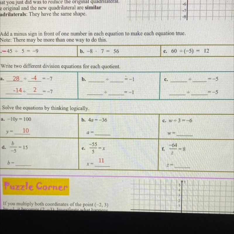 6. Write two different division equations for each quotient. a. 28 = -4 = -7 b. -1 C-example-1