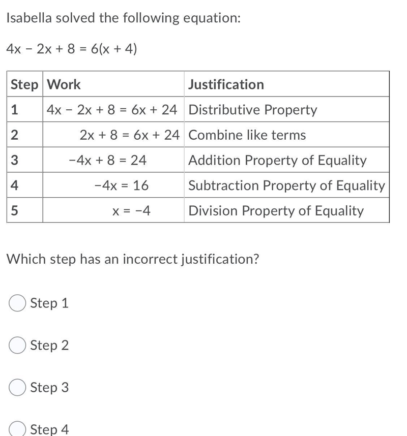 PLEASE HELP ASAP!!!!!!!!!! Isabella solved the following equation: 4x − 2x + 8 = 6(x-example-1