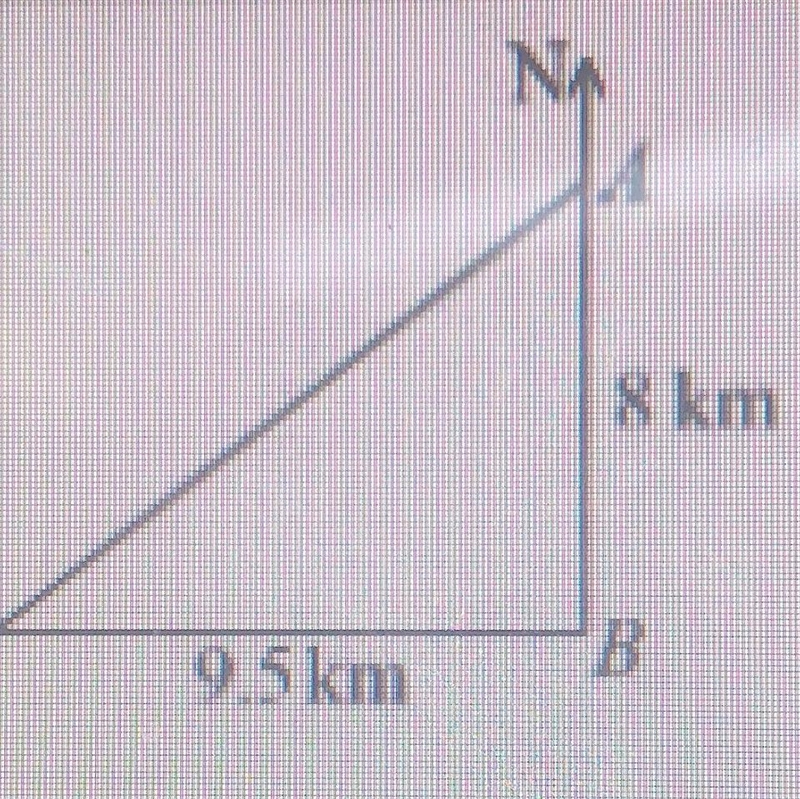 Q: A is 8km due north of phone mast B. C is 9.5km due west of phone mast B. Calculate-example-1