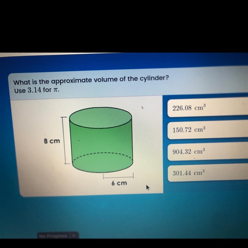 What is the approximate volume of the cylinder? Use 3.14 for pi-example-1