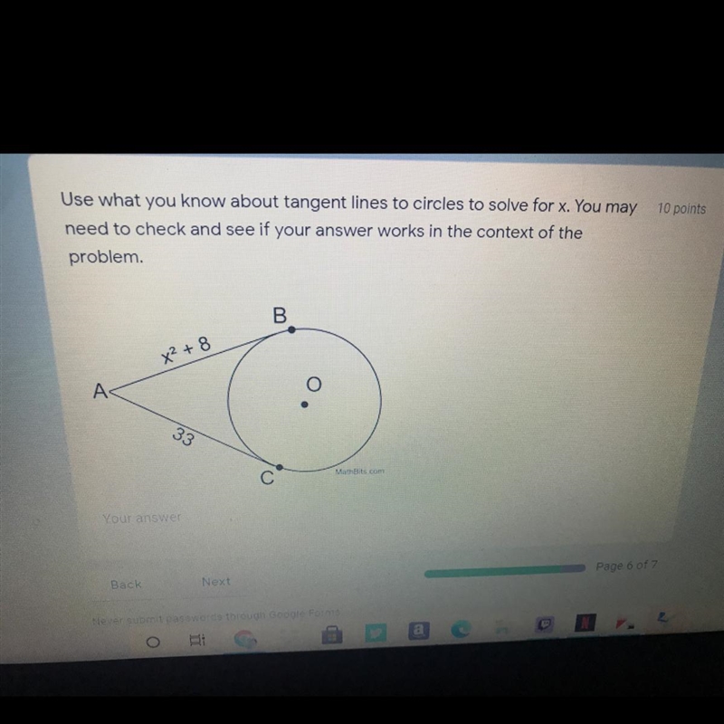 Use what you know about tangent lines to circles to solve for x-example-1