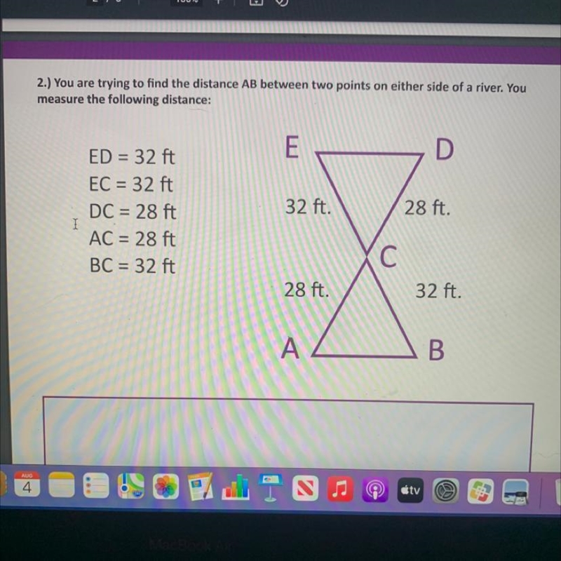 2.)You are trying to find the distance AB between two points on either side of a river-example-1