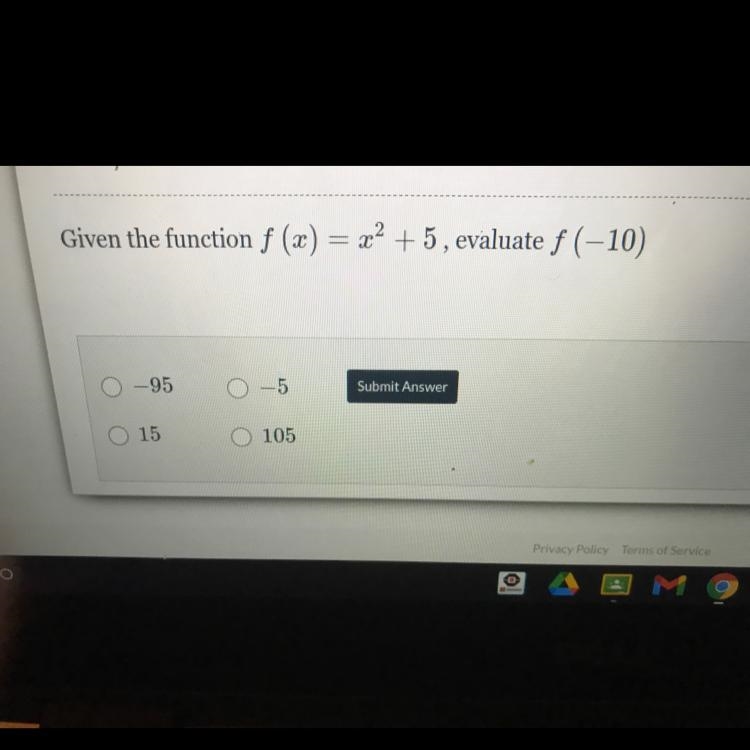 Given the function f(x)=x^2+5,evaluate f(-10)-example-1