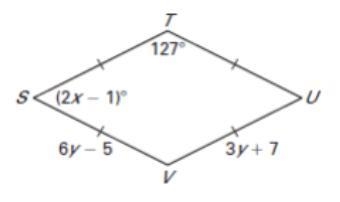 Using the properties of the special parallelogram, solve for x and y-example-1