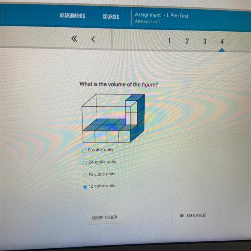 What is the volume of the figure? 8 cubic units o 24 cubic units 16 cubic units o-example-1