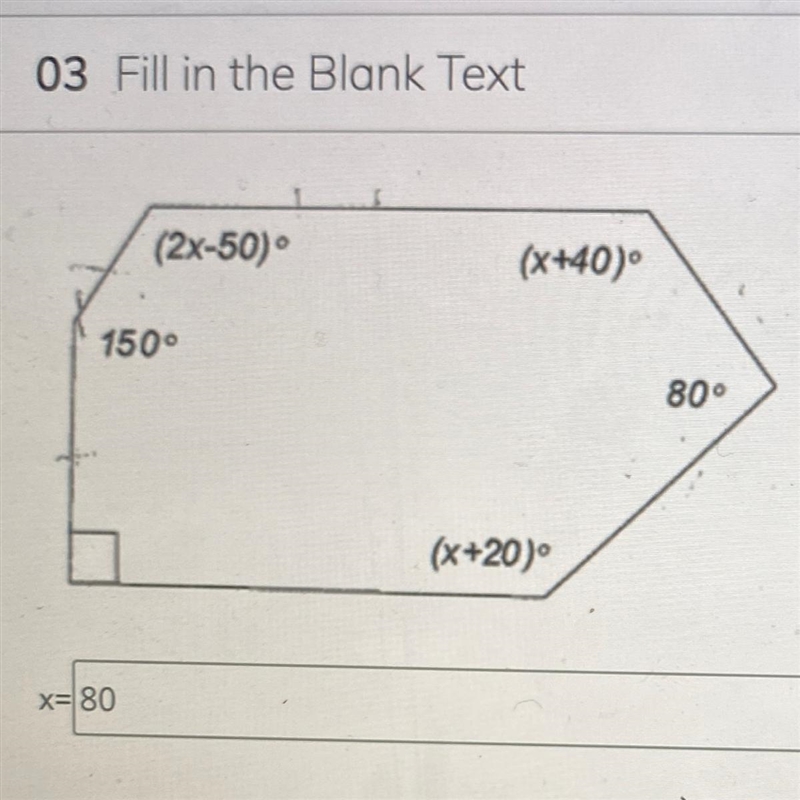 (2x-50) (x+40) 150° 80° (x+20) That 80 is not the correct x-example-1