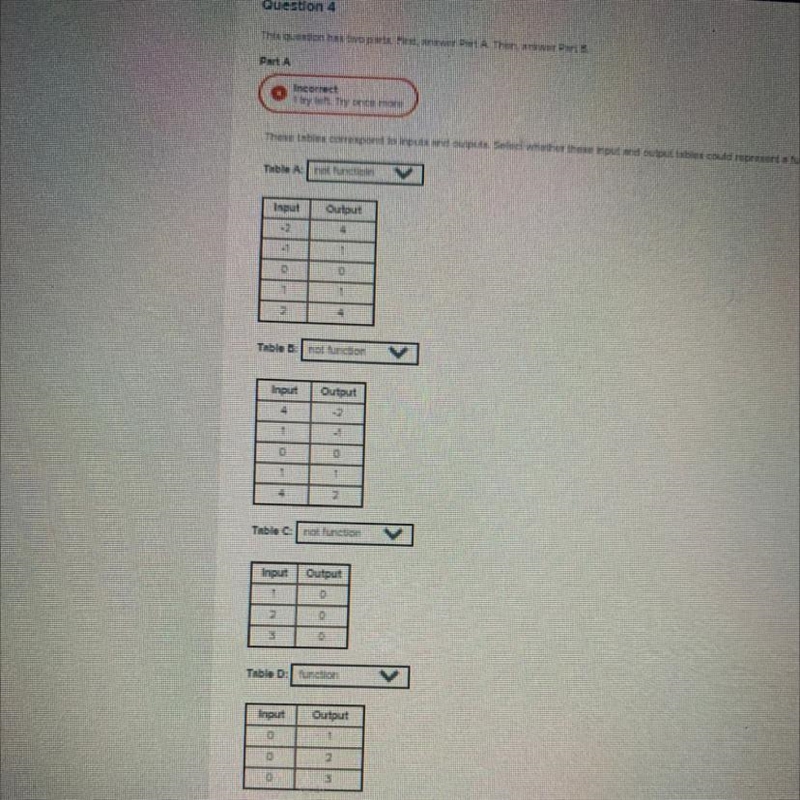 These tables correspond to inputs and outputs. Select whether these input and output-example-1