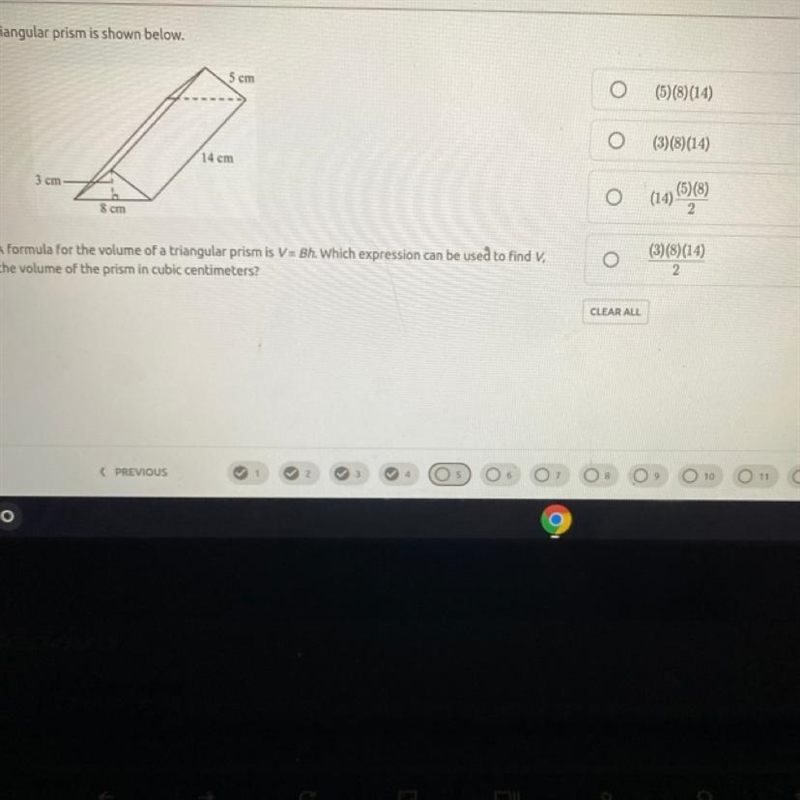 A triangular prism is shown below. 5 cm 14 cm 3 cm 8 cm A formula for the volume of-example-1