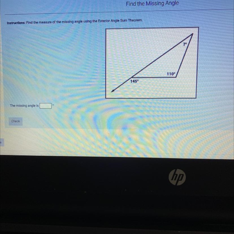 Find the measure of the missing angle using exterior angle sum theorm-example-1