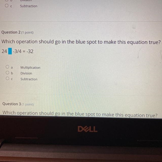 Which operation should go in the blue spot to make this equation true? 24 -3/4 = -32 Оа-example-1