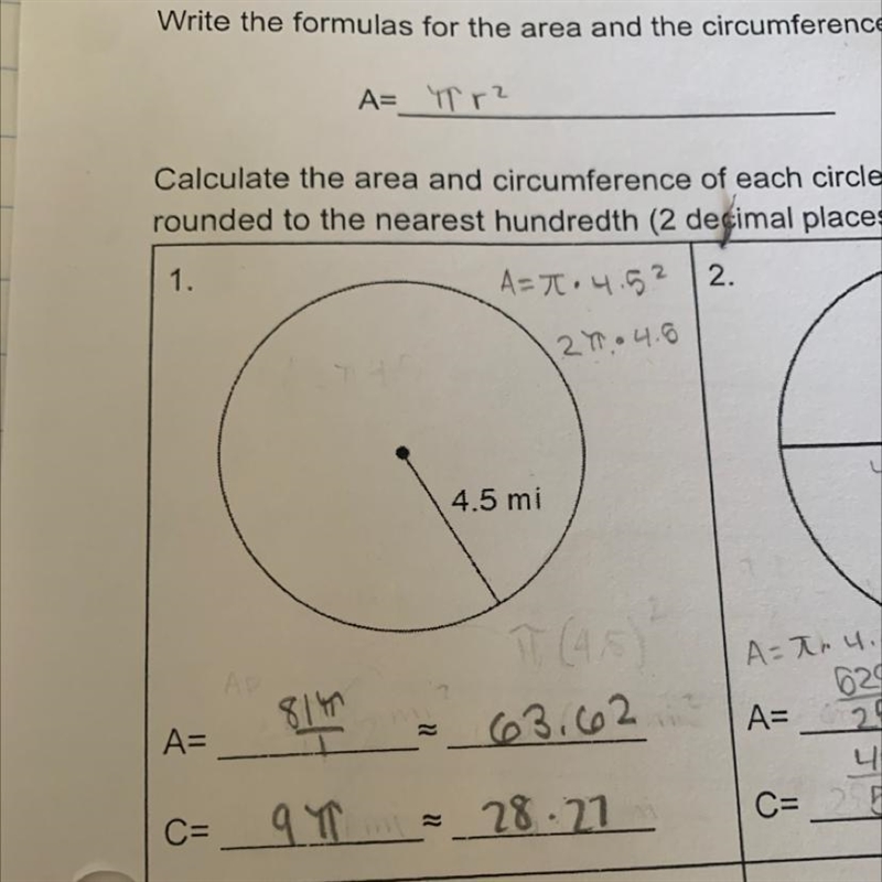 How to find the exact answer of the area and circumference I know how to find the-example-1