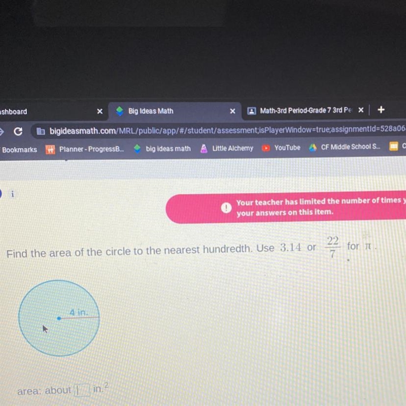 Find the area of the circle to the nearest hundredth. Use 3.14 or 22 7 for 4 in. area-example-1