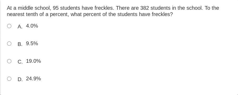 At a middle school, 95 students have freckles. There are 382 students in the school-example-1