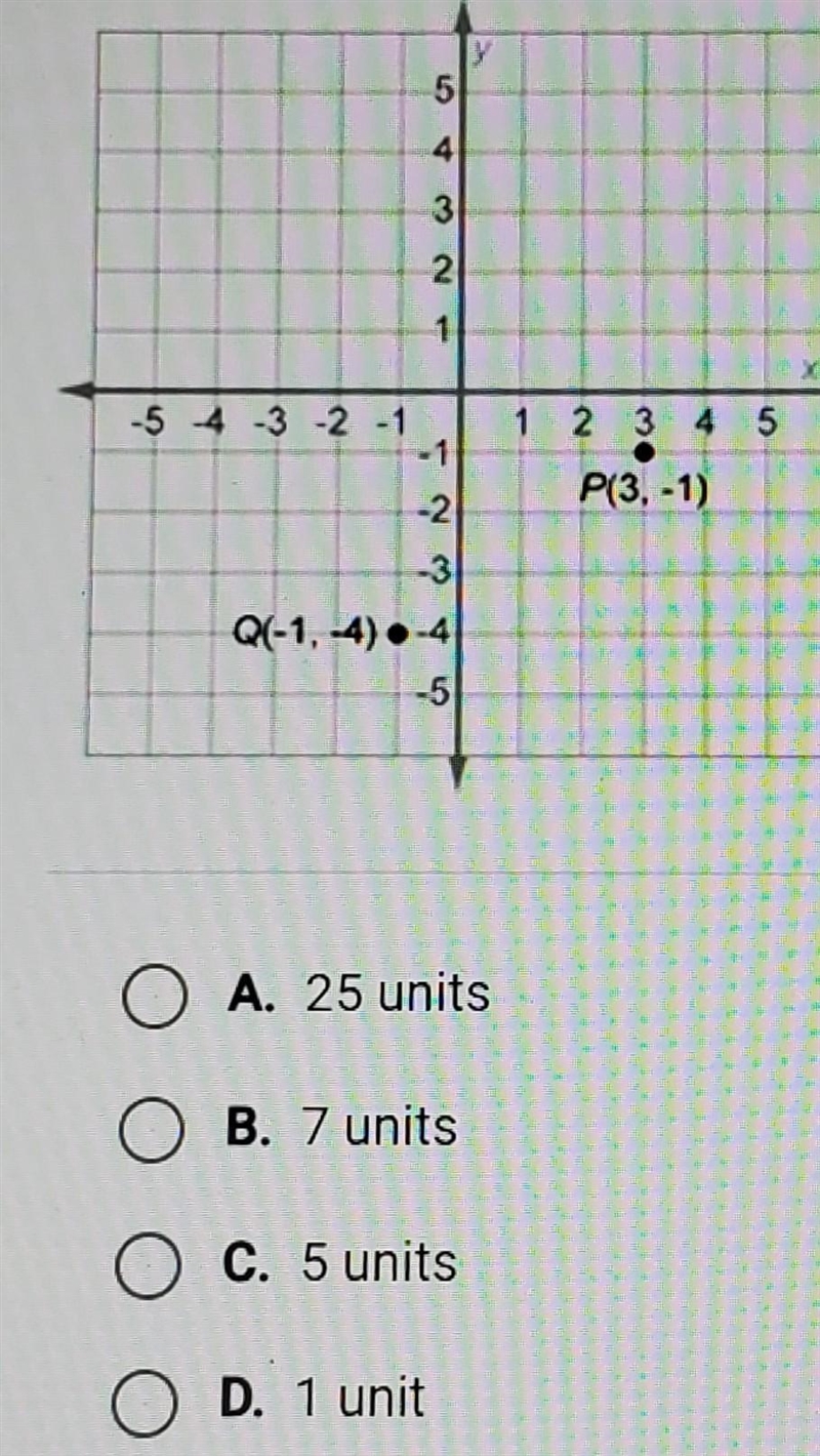 What is the distance from P to Q? A. 25 units B. 7 units O C. 5 units D. 1 unit​-example-1