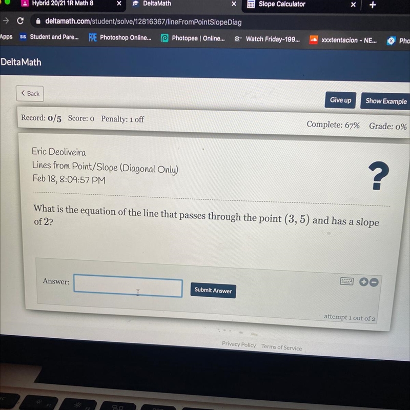 What is the equation of the line that passes through the point (3, 5) and has a slope-example-1