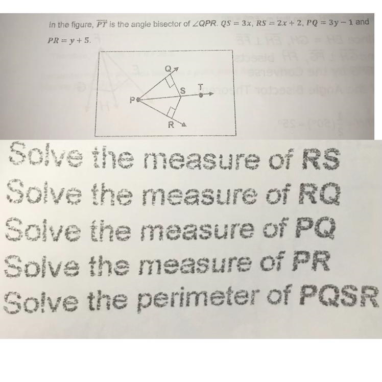 In the given figure pt is the bisector of angle qpr. qs=3x, rs=2x+2, pq=3y-1 and pr-example-1