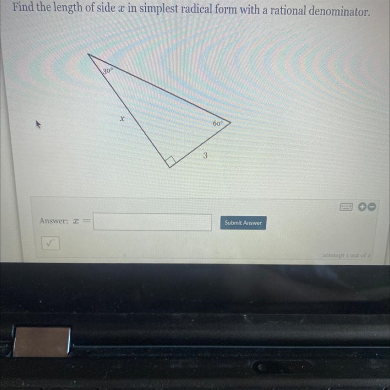 А Find the length of side x in simplest radical form with a rational denominator. \30 X-example-1