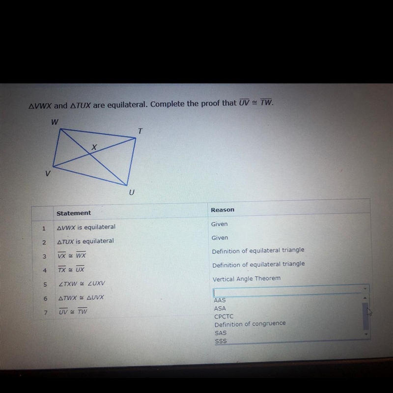 VWX and TUX are equilateral complete proof that UV = TW-example-1