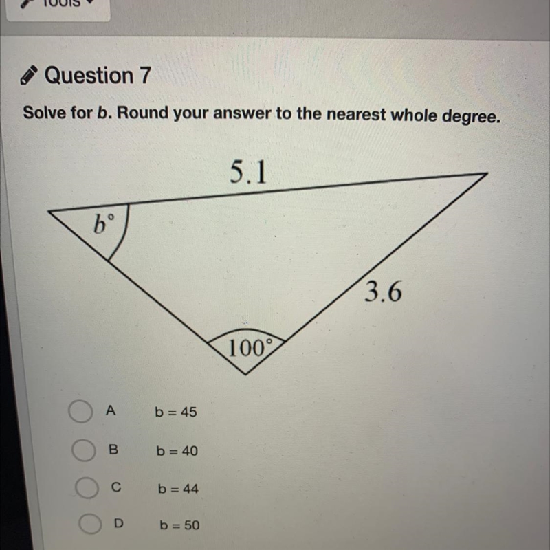 Solve for b. Round your answer to the nearest whole degree. 5.1 bº 3.6 100-example-1