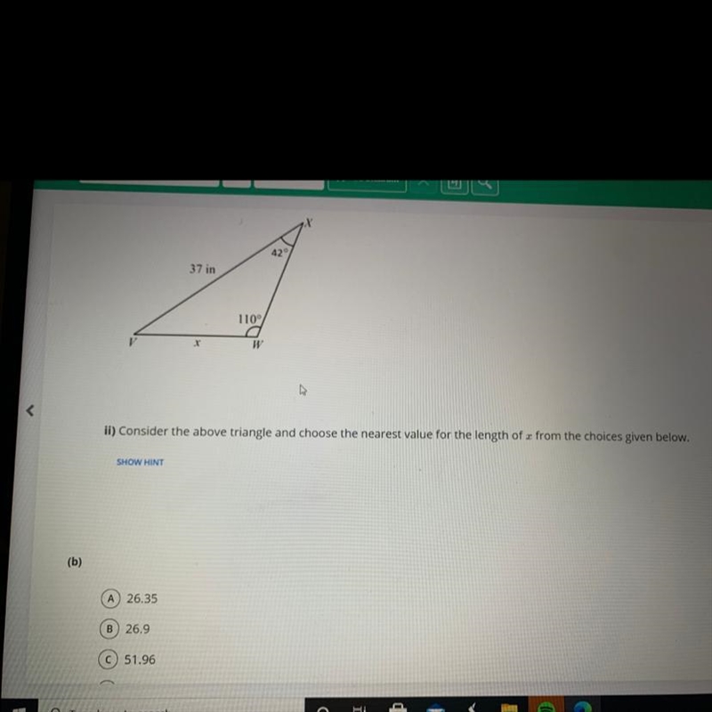 What is the value of x? Trigonometry A) 26.35 B) 26.9 C) 51.96 D) 65.58-example-1