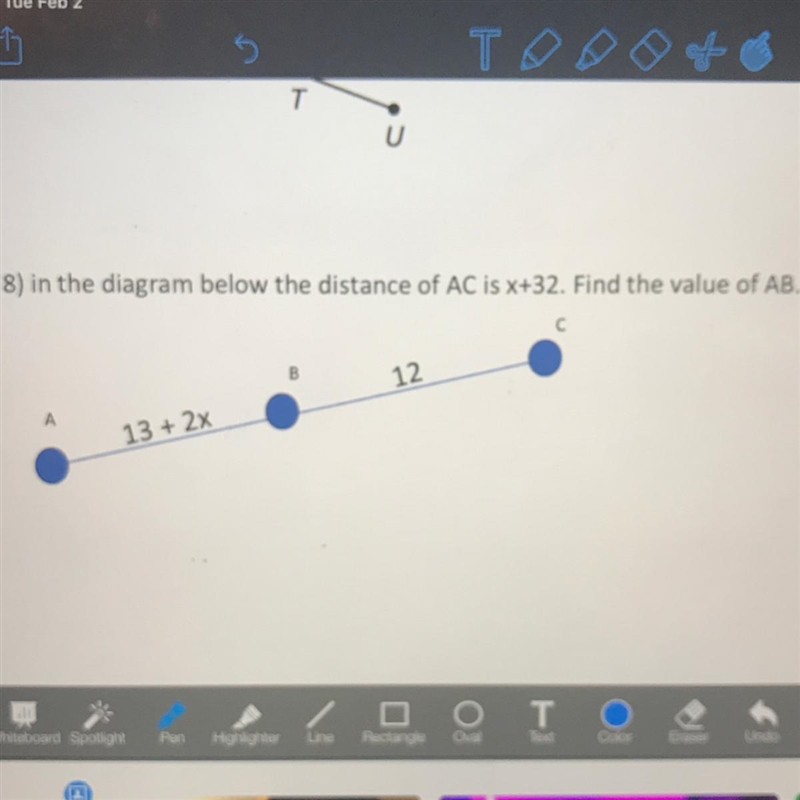 8) in the diagram below the distance of AC is X+32. Find the value of AB.-example-1