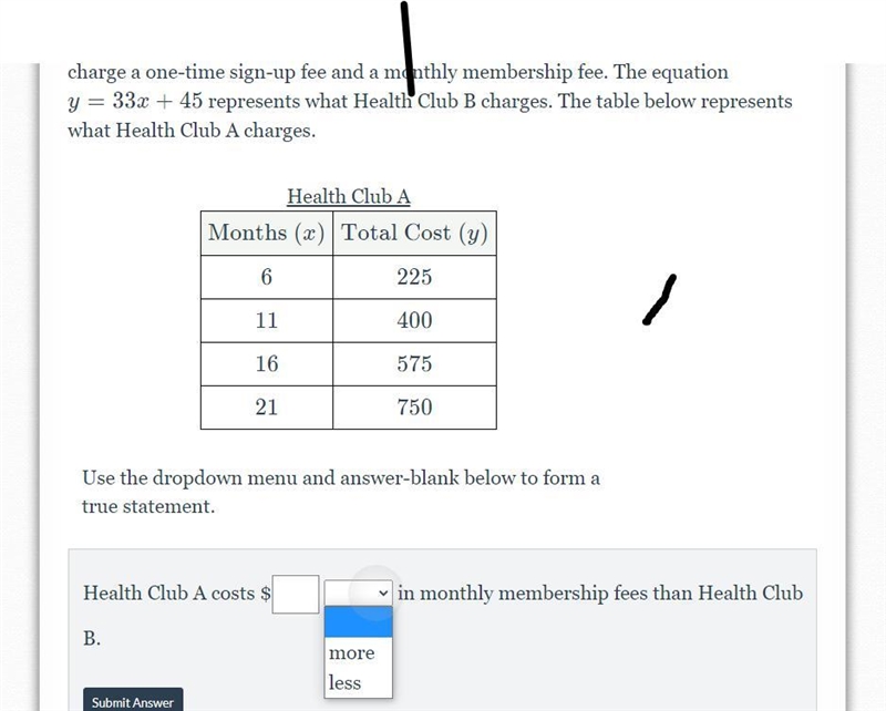 Two health clubs offer different pricing plans for their members. Both health clubs-example-1