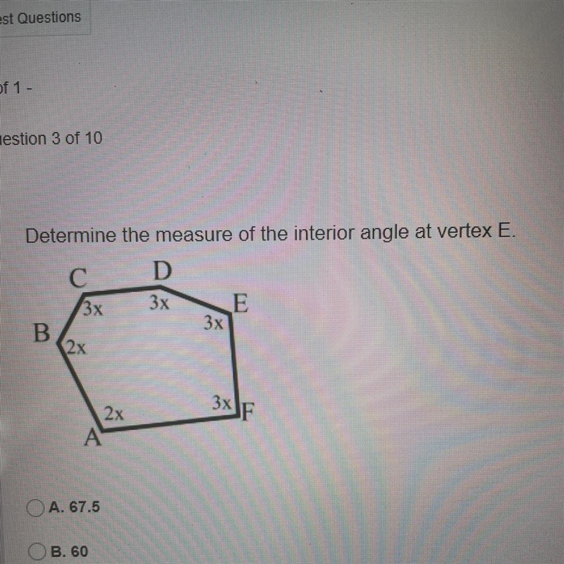 Determine the measure of the interior angle at vertex E.-example-1