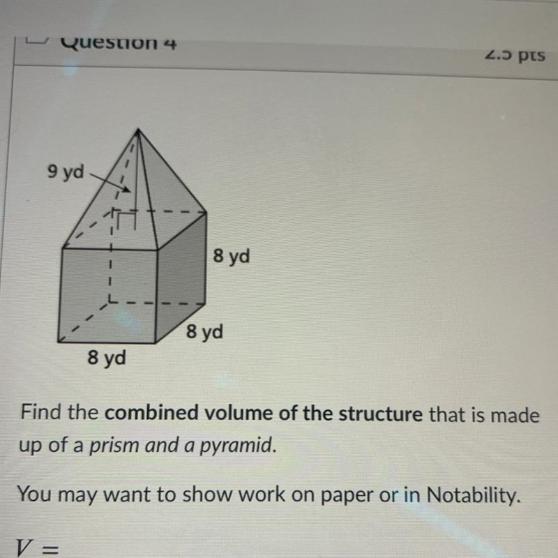 9 yd 8 yd 8 yd 8 yd Find the combined volume of the structure that is made up of a-example-1