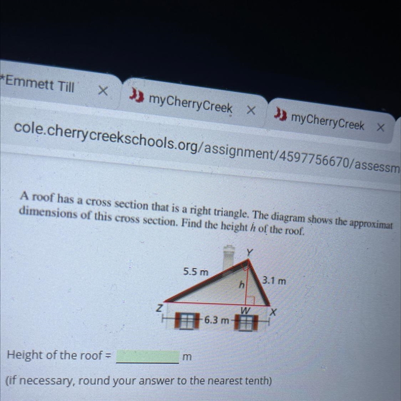 A roof has a cross section that is a right triangle. The diagram shows the approximat-example-1