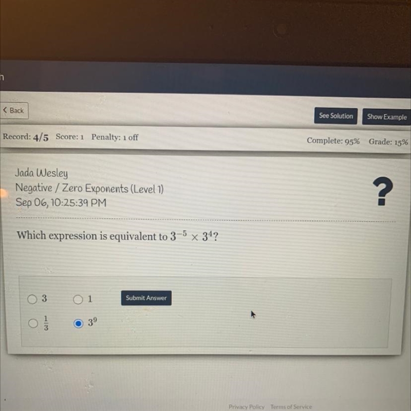 Which expression is equivalent to 3-5 x 34?-example-1