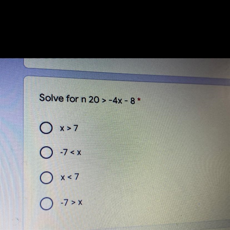 Solve for n 20 > -4x - 8-example-1