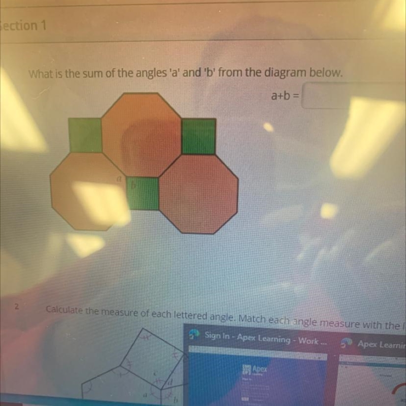 What is the sum of the angles 'a' and 'b' from the diagram below.-example-1