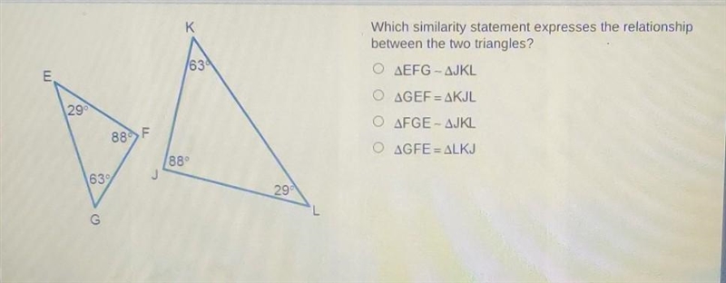 Which similarity statement expresses the relationship between the two triangles?​-example-1