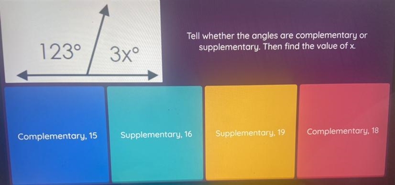 Tell whether the angles are complementary or supplementary. Then find the value of-example-1