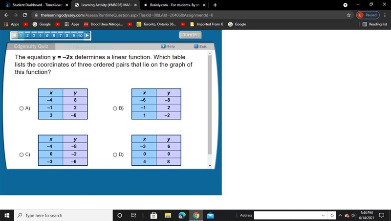 The equation y = –2x determines a linear function. Which table lists the coordinates-example-1