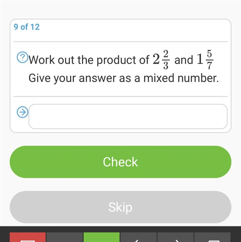 Work out the product of 2 2 3 and 1 5 7 Give your answer as a mixed number.-example-1