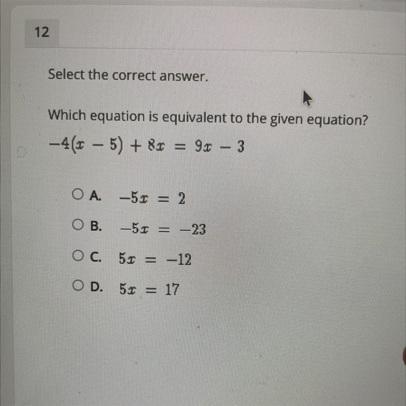 Select the correct answer. Which equation is equivalent to the given equation-example-1